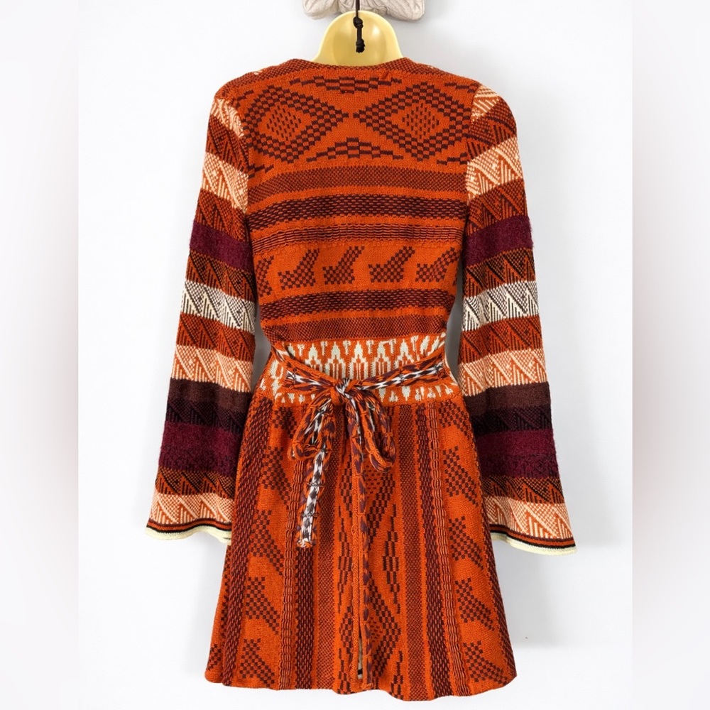 Free People Boho Knit Sweater Patchwork Dress Sm Orange Alpaca Blend Bell Sleeve - Picture 3 of 10